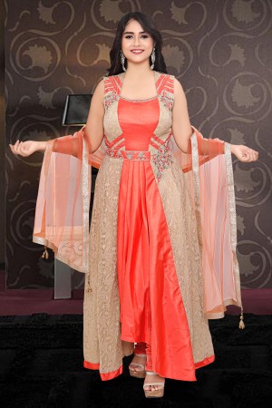 Fancy Orange Gold Straight Gown With Pant